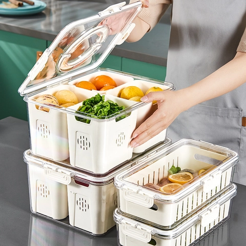 Contenitore Per Frigorifero Trasparente Plastica Alimentare Con Coperchio Maniglia Cestino Drenaggio Divisorio Organizer