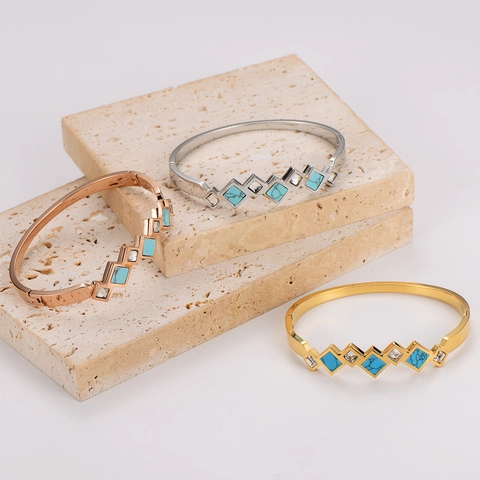 Mode Geometrische 304 Roestvrijstalen Armring Voor Dames Vierkante Turkoois Zirkonia Ingelegd Goud Zilver Roségoud Manchetarmband Sieraden