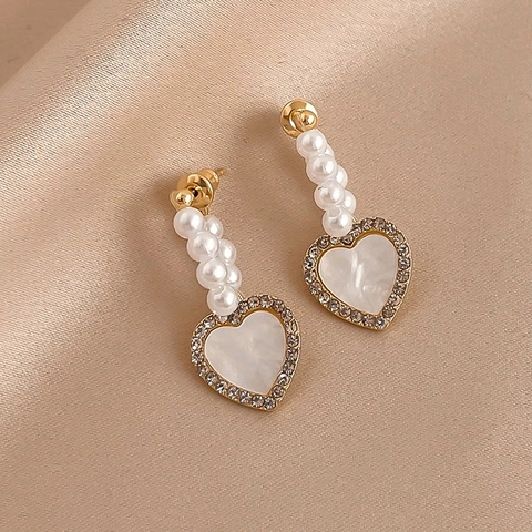 Elegante Herz-Ohrhänger Mit Imitierten Künstliche Perlen Straßlegierung Und 925 Sterling Silber Ohrstecker Für Damen