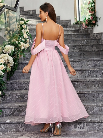 Roze Stippen A-Lijn Avondjurk Spaghettibandjes Off-shoulder Corset Stijl Party Maxi Jurk Voor Vrouwen Bruiloft Banket