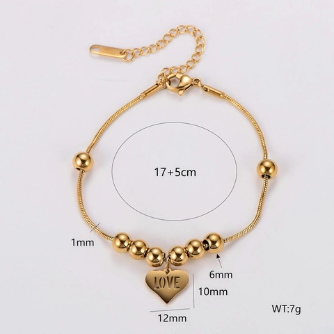 Minimalistische Edelstahl Herz Anhänger Armband Mit Runden Perlen Schlangenkette Graviert LOVE Mode Schmuck Für Frauen
