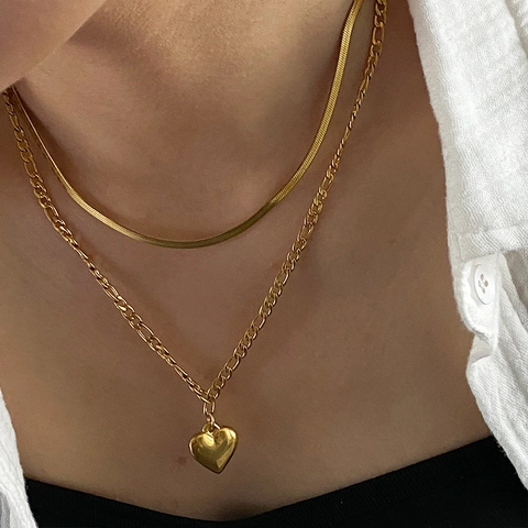Roestvrij Stalen Hart Hanger Ketting Dubbellaags Slang Figaro Ketting Verguld Verkleuringsbestendig Mode Sieraden