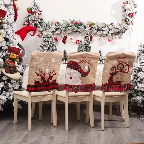 Kerst Stoelhoes Jute Linnen Geborduurd Rendier Ruitjes Ruches Hem Eetkamerstoel Beschermer Vakantie Feest Decoratie