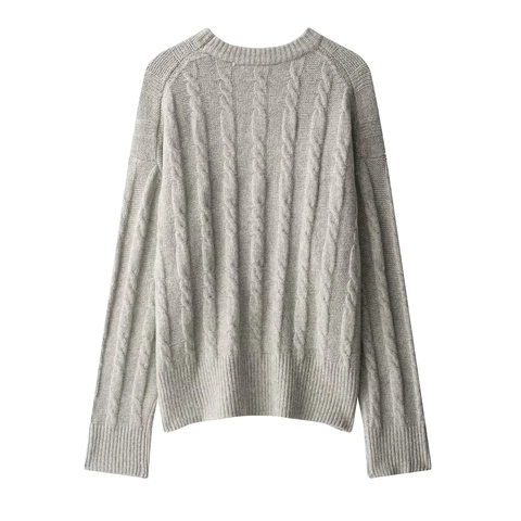 Jersey De Punto Para Mujer Con Cuello Redondo Trenzado Manga Larga Gris Cálido