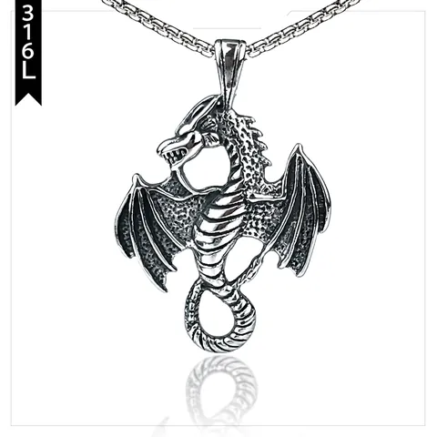 Collar Con Colgante De Dragón Acero Inoxidable 316L Retro Dragón Volador Alado Vikingo Gótico Punk Joyas Para Hombres