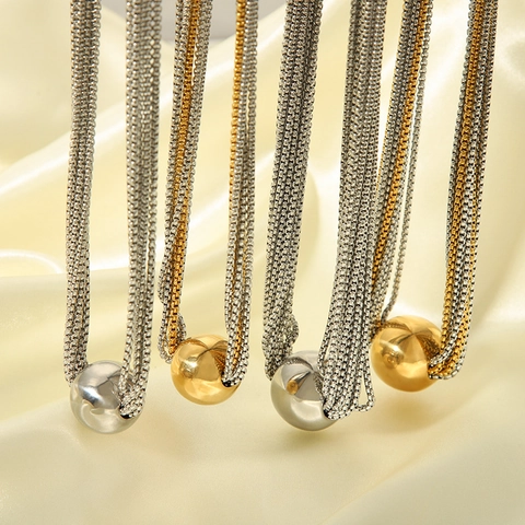 Collier Multi Couches Acier Inoxydable Pendentif Boule Ronde Poli Miroir Bijoux Punk Hip Hop Pour Femmes Chaîne Réglable