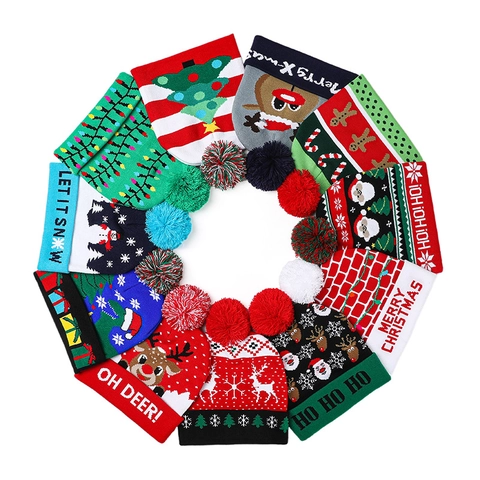 Femmes Hommes Bonnet en Tricot de Noël Avec Pompon Hiver Chaud Acrylique Bonnet à Revers Festif Renne Bonhomme de Neige Motif Chapeau