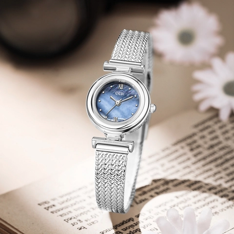 GEDI Women's Quartz Watch Small Elegant Mother of Pearl Dial 30M Waterproof Alloy Mesh Band Fashion Luxury Ladies Wristwatch