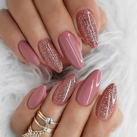 Middle Long Almond Shape Press On Nails Dusty Rose And Silver Glitter False Nails With Glue Manicure Tool Kit For Women