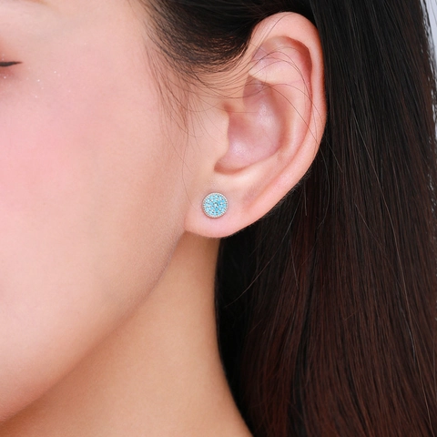 Round Micro Pave Turquoise Stud Earrings With 925 Sterling Silver Earring Post Simple Elegant Retro Jewelry For Women