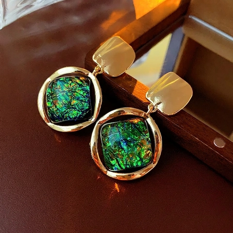Vintage Emerald Green Geometric Dangle Earrings For Women Alloy Resin Jewelry With Silver Earring Post Retro Luxury Style