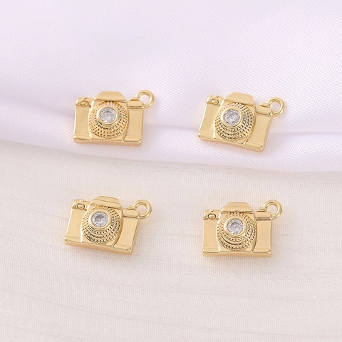 Camera Shape Pendant Copper Gold Plated With Zircon Mini Retro Charm For DIY Jewelry Making Accessories