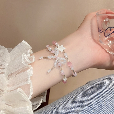 Double Layer Beaded Bracelet With Acrylic Bow And Alloy Star Charms Sweet Fresh Jewelry For Women Girls