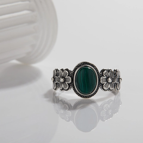 Vintage S925 Sterling Silver Ring Natural Malachite Gemstone Flower Adjustable Open Ring For Women Thai Silver Jewelry