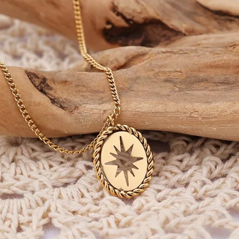 Minimalistische Goldene Edelstahl Sternenstrahl Halskette Mit Anhänger Retro Ovaler Sonnenschliff Ausschnitt Twist Seilrand Schmuck Für Damen