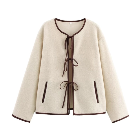 Women Fleece Jacket Contrast Trim Bow Knot Lace Up Round Neck Long Sleeve Sweet Casual Warm Loose Outerwear