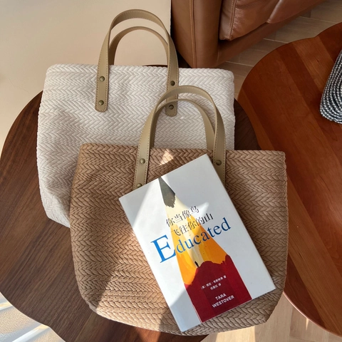 Women Canvas Tote Handbag Jacquard Rice Ear Texture With Leather Straps Zipper Closure Retro Urban Simple Style Bag