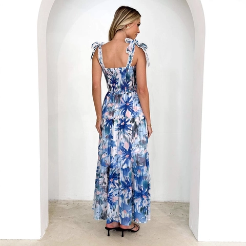 Vestito Maxi Floreale Da Donna Poliestere Bustino Arricciato Spalline Con Fiocco Gonna A Balze Boho Estate