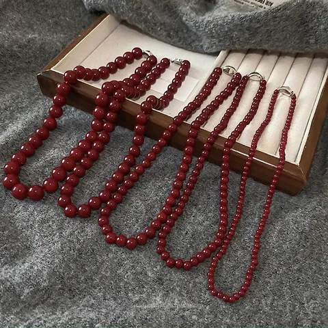 Beaded Necklace Red Glass Round Beads Copper Clavicle Chain Vintage Fashion Elegant Jewelry For Women
