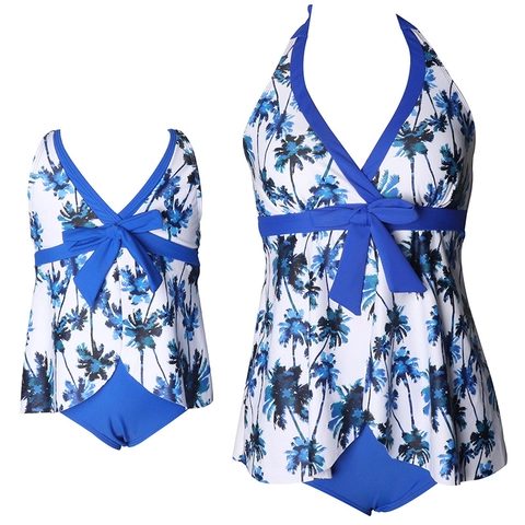 Mommy And Me Swimwear Halter V-Neck Tankini High Waist Shorts Tropical Palm Leopard Print Nylon Spandex Bathing Suit
