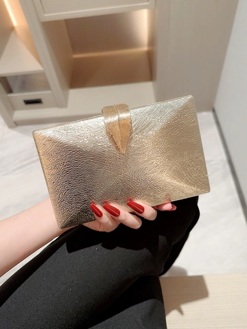 Bolso De Noche Para Mujer Lujo Cierre De Hoja De Metal Bolso De Caja Cuadrada Con Cadena Para Fiesta Boda Banquete Elegante PU
