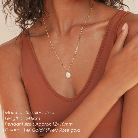 Collar De Acero Inoxidable Con Colgante De Perla Barroca De Agua Dulce Cadena De Eslabones Bañado En Oro Joyería Elegante