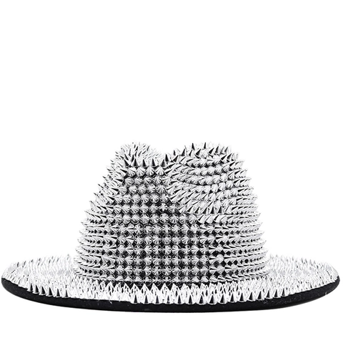 Cappello Fedora Scintillante Con Borchie E Strass Cappello Cowboy Tesa Larga Stile Punk Festa Spettacolo Jazz
