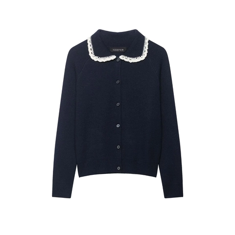 Cardigan In Maglia Donna Colletto Peter Pan Bordo In Pizzo Uncinetto Maniche Lunghe Bottoni Morbido Stile Dolce