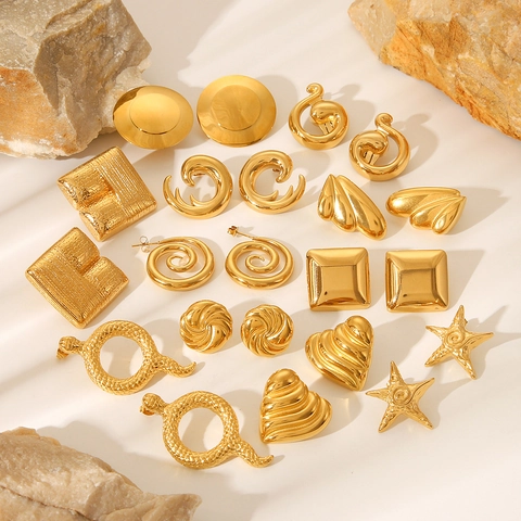 Pendientes De Acero Inoxidable Chapado En Oro De 18K Geométricos Corazón Serpiente Estrella De Mar Vintage Para Mujer