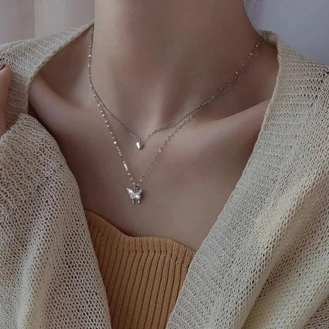 Double Layer Butterfly Necklace Alloy Rhinestone Zircon Clavicle Chain Ins Sweet Luxury Minimalist Jewelry For Women