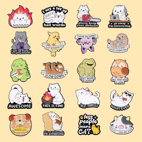 Funny Cartoon Animal Enamel Pin Set Cat Dinosaur Frog Sloth Brooches With Humorous Slogans Zinc Alloy Badge Gift For Clothing Bags
