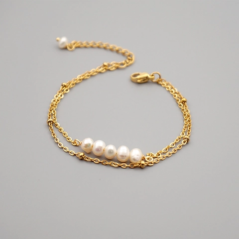 Gelaagde Roestvrijstalen Armband Enkelband Met Zoetwaterparel Elegante Gouden Sieraden Voor Dames
