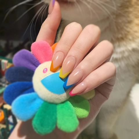 Faux Ongles French En Forme De V Pointes Arc-En-Ciel Colorées Amande Base Rose Nude Pour Femmes Manucure DIY