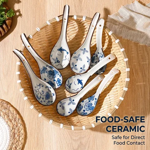 Cucchiaio Da Zuppa In Ceramica Motivo Blu E Bianco Giapponese Cucchiaio Manico Lungo Per Cucina Casa Ramen Porridge Stoviglie Eleganti