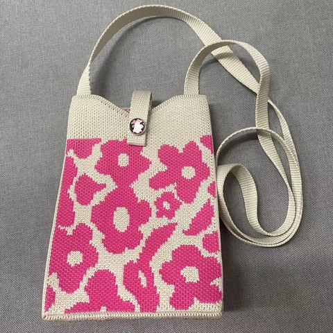 Women Knitted Crossbody Phone Bag Polyester Small Crochet Handbag Cute Flower Cat Patterns Casual Mini Tote Bag
