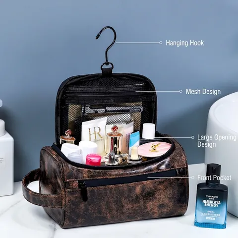 Kulturbeutel Für Herren PU Leder Wasserdicht Hängend Reise Waschbeutel Business Vintage Rasier Organizer