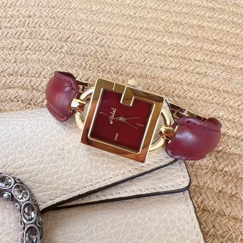 Mishali Women Fashion Square Quartz Watch Gold Steel Case Burgundy Red Dial Genuine Leather Strap Waterproof Luxury Wristwatch