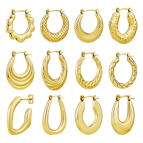 Boucles d'Oreilles Créoles Texturées Géométriques en Acier Titane pour Femmes Plaquées Or Argent Boucles d'Oreilles Rondes Minimalistes