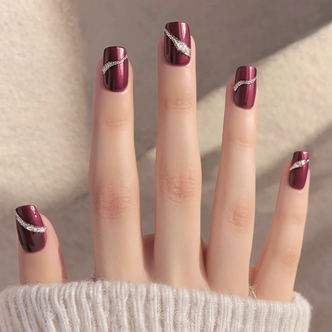 Wine Red Press On Nails Silver Glitter Wave Cat Eye Effect Short Square Round False Nails For Women Winter