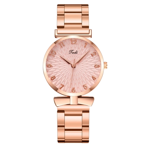 Orologio Al Quarzo Da Donna Oro Rosa Lega Cinturino In Metallo Numeri Arabi Arredamento Fiocco Quadrante Solare Elegante