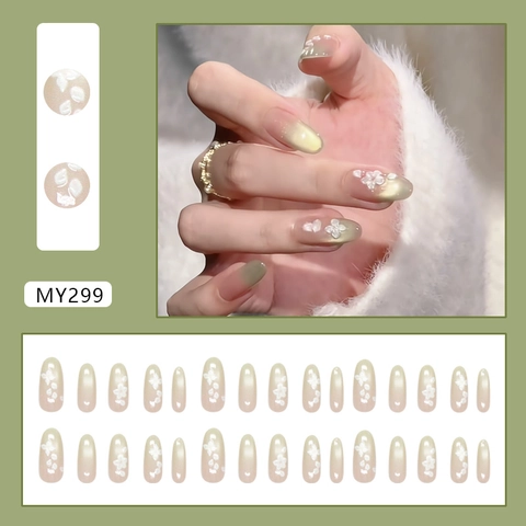 Press On Nails Mint Green Cat Eye Gradient 3D Flower Heart Decors Elegant Sweet French Style False Nails For Women