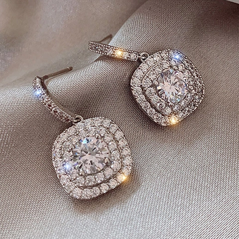 Square Double Halo Drop Earrings Copper Zircon Micro Paved Elegant Luxury Dangle Jewelry For Women