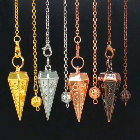 Metal Dowsing Pendulum Hexagonal Cone Divination Spiritual Engraved Vintage Pendant Necklace