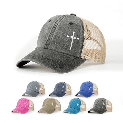 Cappello Trucker In Cotone Lavato Con Croce Di Chiodi Ricamata Rete Traspirante Retro Regolabile Outdoor