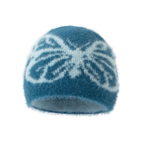 Women Winter Butterfly Pattern Knitted Beanie Hat Warm Plush Jacquard Cuff Hat Outdoor Windproof Cold Weather Beanie