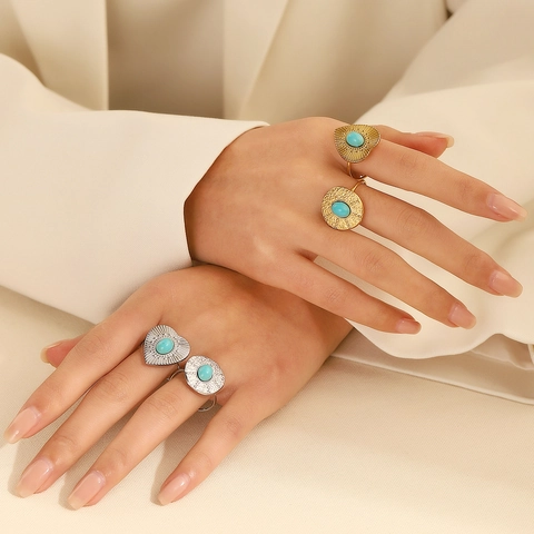 Französischer Retro Titanium Stahl Ring Mit Herz Rund Geformtem Künstlichem Türkis Stein Für Damen Verstellbar Ethno Fingerring