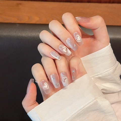 Unghie Finte a Pressione Fatte a Mano Rosa Pesca Occhio di Gatto Stile Francese Dolce Cuore Farfalla Glitter Unghie Rimovibili per Donna