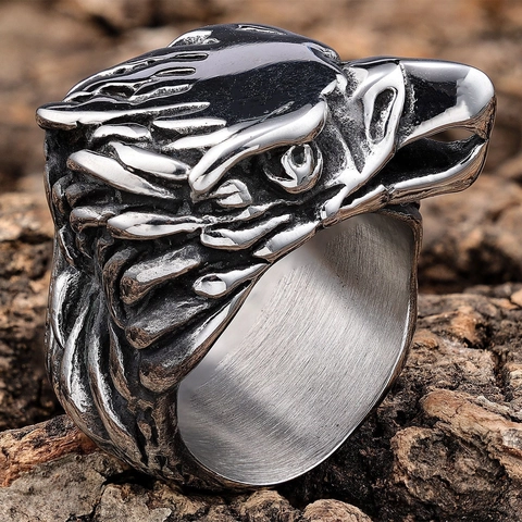 Eagle Head Ring Edelstahl Vintage Geschnitzt Tier Punk Gothic Biker Schmuck Für Herren