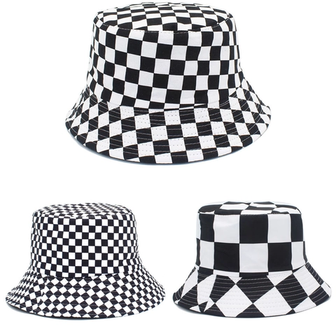 Checkerboard Bucket Hat Cotton Foldable Double Sided Sun Protection Fisherman Cap Retro Plaid Streetwear Outdoor