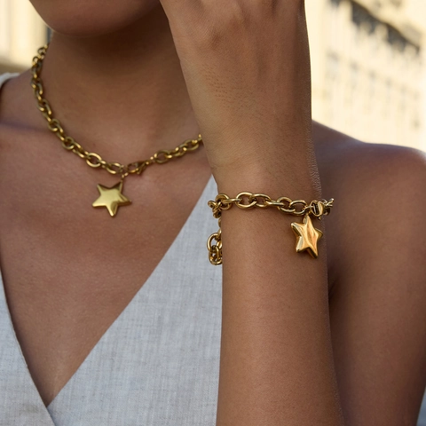 Gioielli Da Donna In Acciaio Inossidabile Placcato Oro Collana E Bracciale A Catena Con Ciondolo Stella Impermeabile